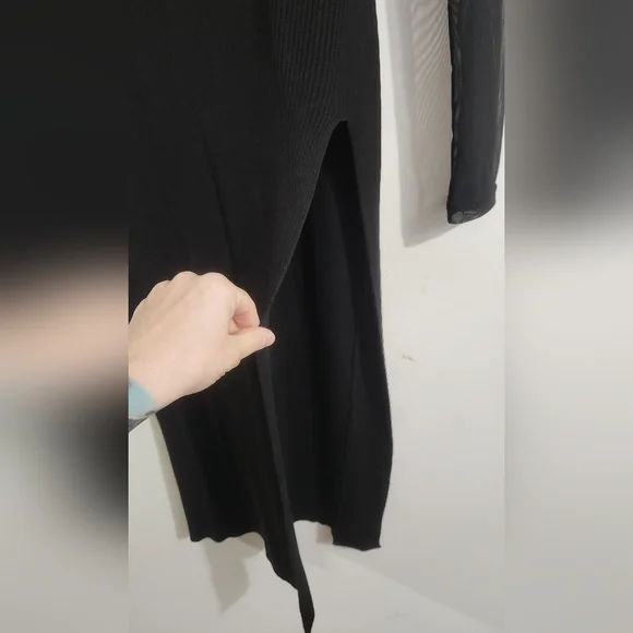Almost Famous Bodycon Thigh Slit Mesh Long Sleeved Ribbed Sweater Dress, Size XL - Picture 3 of 4